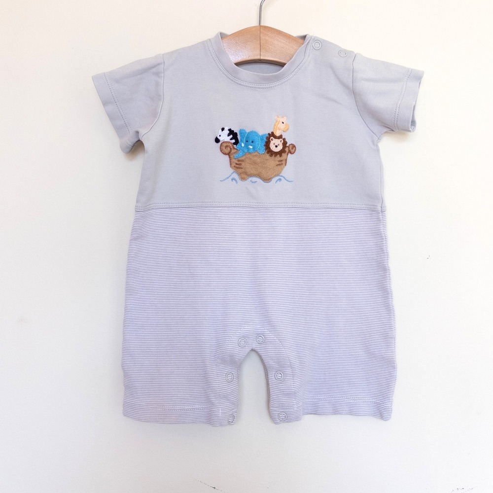 Squiggles by Charlie Romper Gray Noahs Ark Embroidered Pima Cotton Baby 6-9M